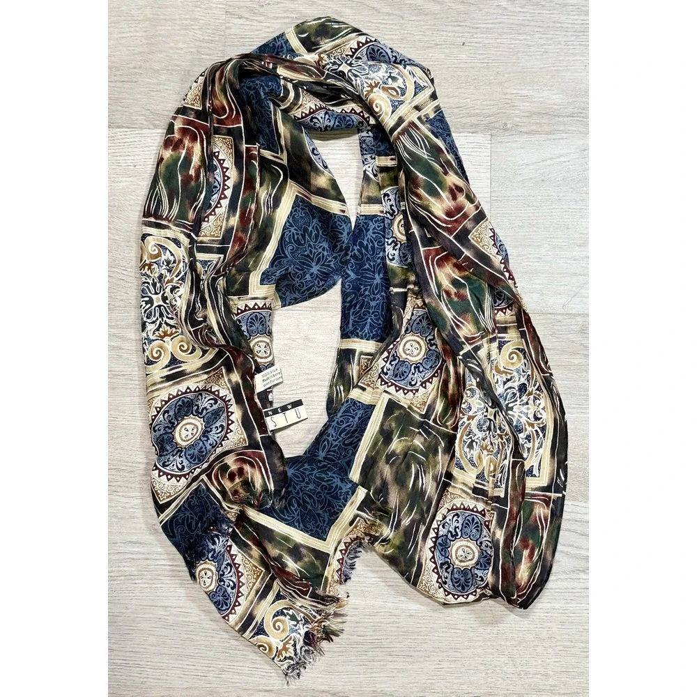 Vintage New York Studio 100% Silk Scarf Women's Multicolor Medallion Print Long